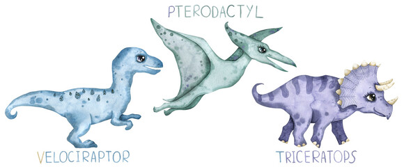 Watercolor set with vintage dino. Green, blue and violet triceratops, pterodactyl and velociraptor
