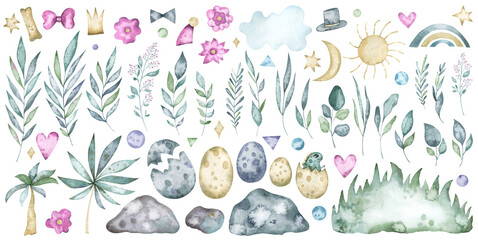 Watercolor set with prehistoric nature. Foliage, rocks, dinosaur eggs, moon and sun, clouds, festive elements for create holiday design