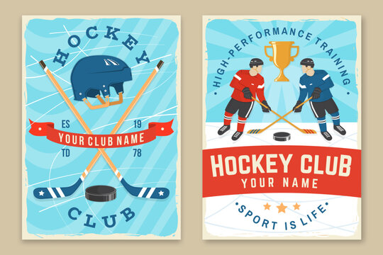 Ice Hockey club flyer, brochure, banner, poster. Concept for shirt or logo, print, stamp or tee. Winter sport. Vintage typography design with player, sticker, puck and skates silhouette. Vector.