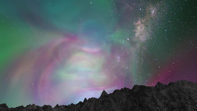 Night animation with stars in the sky, aurora and meteor. 4K 3D animation