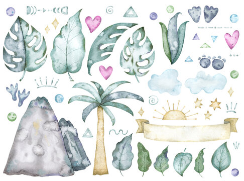 Watercolor set with elements of prehistoric nature. Wild old mountains, foliage, palm, sun, clouds and ethnic symbols