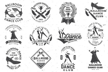 Fototapeta premium Set of Ballroom dance sport club logos, badges design. Concept for shirt or logo, print, stamp or tee. Dance sport sticker with shoes for ballroom dancing, man and woman silhouette. Vector.