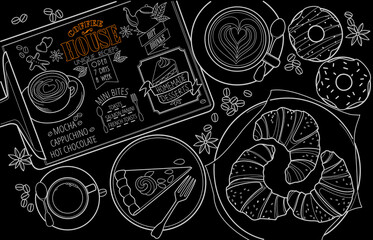 Black board - hand drawn vector sketch illustrations of Café - patisserie with menu croissants, coffee, cappuccino, cake, donuts and more sweet treats.