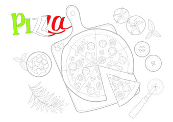  hand drawn vector sketch illustration of Italian pizza Pizza menu with olives, salt and pepper, roman tomatoes and basil

