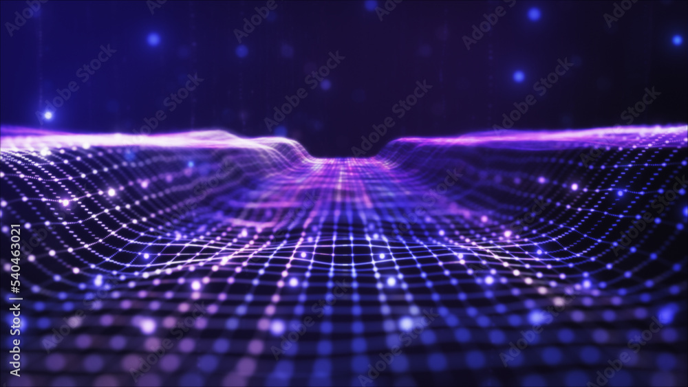 Poster futuristic flying over 3d purple blue digital landscape mountain terrain abstract technology backgro