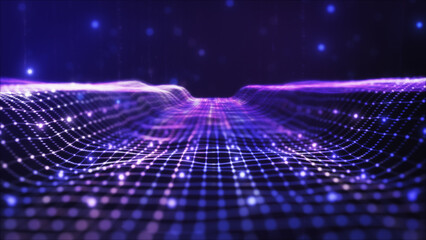 Futuristic flying over 3D purple blue digital landscape mountain terrain abstract technology background - moving dots and lines network connection structure in space background. 3D Rendering.