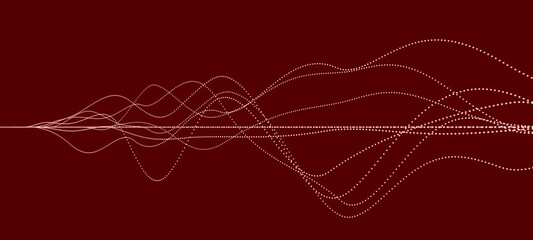 Abstract wallpaper with dotted waveform or sound waves, dots and lines, conceptual data science research or business graph on red background