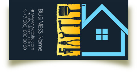 Business card concept for repair and construction. Repair tool set and house silhouette