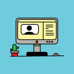 Illustration of Computer icon no blue background, flat art, outline style, simple vector