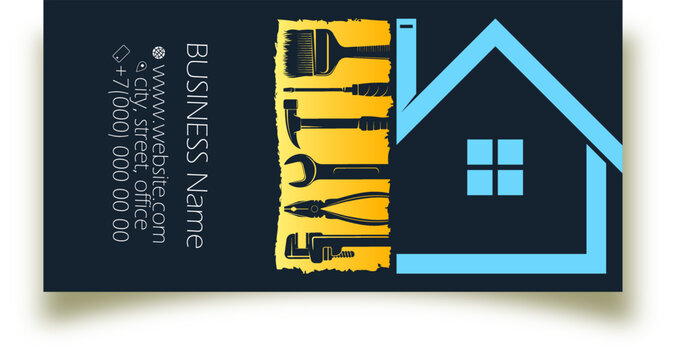 Business card concept for repair and construction. Repair tool set and house silhouette