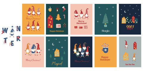 Christmas cards with merry gnomes and holiday quotes. cute elf, christmas tree, houses, gifts
