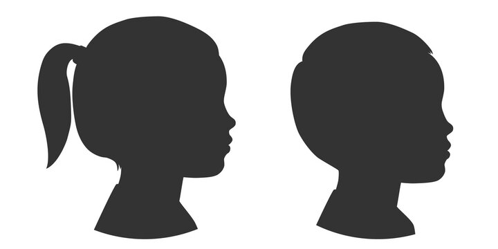 Silhouettes of child face. Little girl and boy. Outlines baby in profile.  Illustration on a transparent background
