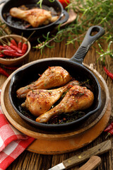 Spicy roasted chicken legs with herbs and hot pepper, close-up