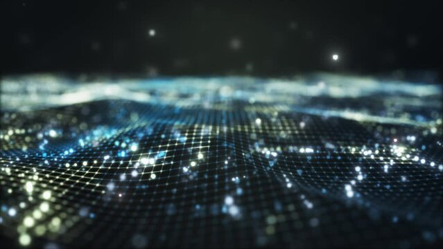 Futuristic flying over 3D green blue digital landscape mountain terrain abstract technology background - moving dots and lines network connection structure in space background. 3D Rendering.