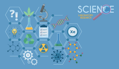 Science background in blue. Hexagon frame.Laboratory research. Concept for landing pages on the theme of science, learning, education. Vector illustration. Chemistry, biology, physic