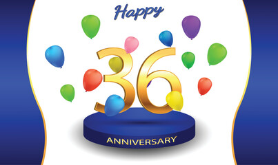 36 aniversary celebration background. 36th anniversary banner. 36 year anniversary celebration with podium and balloon on white background.
