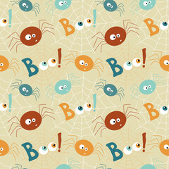 Naklejka premium Halloween seamless pattern with confused cartoon spiders, cobwebs and Boo