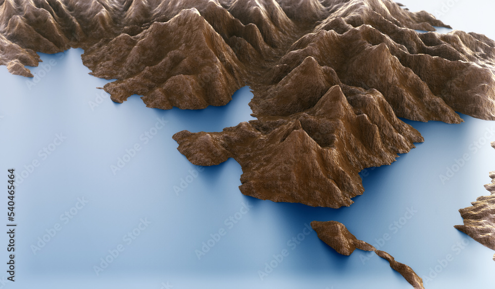 Poster simple mountain landscape with ocean. 3d rendering.