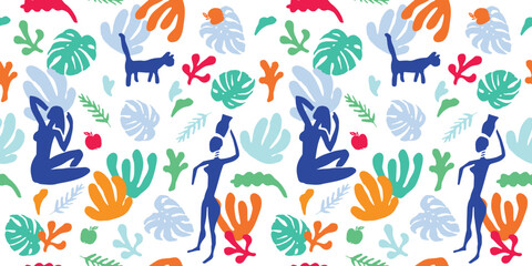 Women and cats. Vector seamless pattern. Bright spring hand drawn illustration in Matisse style. Orange, red, ultramarine colors pattern for textile decoration, wallpapers, background. Vector