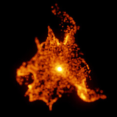 Orange glowing particles on dark background. 3D rendering