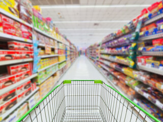 Supermarket concept Shopping cart and blurry picture
