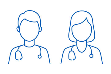 A set of line icons of the doctor. A man and a woman doctor with a stethoscope.