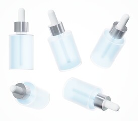 Cosmetic serum bottle with pipette mockup 3D render, skin care blue oil dropper in several views, beauty business design ready template isoltaed
