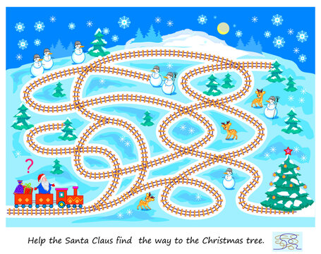 Best labyrinths. Help the Santa Claus find  the way to the Christmas tree. Logic puzzle game. Brain teaser book with maze. Kids activity sheet. Educational page. Play online. Vector illustration.