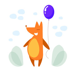 Postcard with cute funny fox. Cartoon style. Children's character. Vector stock illustration. White background. Merch print. Funny kind animal with a balloon. .
