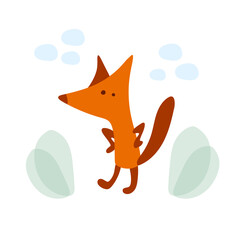 Postcard with cute funny fox. Cartoon style. Children's character. Vector stock illustration. White background. Merch print. Funny kind animal with a balloon. .