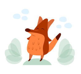 Funny fox. Card. Cute childish cartoon character. Stylized animal. Vector stock illustration. White background. Print for merch. .