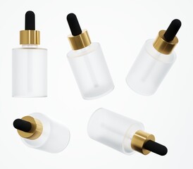 Cosmetic serum bottle with pipette mockup 3D render, skin care oil dropper in several views, beauty business design ready template isoltaed