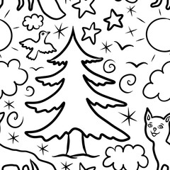 black and white cats christmas tree bird snowflake seamless abstract pattern background fabric design print wrapping paper digital illustration texture wallpaper watercolor paint