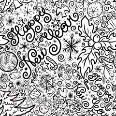 happy new year hand drown lettering black and white coloring image seamless abstract pattern background fabric design print wrapping paper digital illustration texture wallpaper watercolor paint