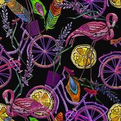 Embroidery/ Pink flamingo, bicycle, lavender flowers, seamless pattern. Romantic lifestyle concept. Fashion template for clothes, t-shirt design. Summer and spring floral art