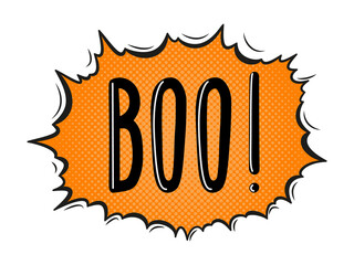 Text Boo! in a speech bubble. Orange explosion in pop art style. Illustration on a transparent background