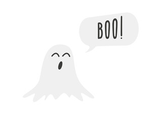 Cute white ghost says Boo! Spirit and speech bubble. Illustration on a transparent background