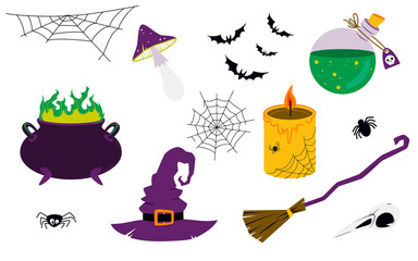 Collection of witchcraft and scary items - witch hat, cauldron, broom, candle, spiders, cobwebs, bats, bird skull, mushroom, magic potion. Illustration on a transparent background for Halloween