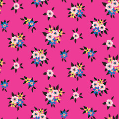 Fototapeta na wymiar Seamless floral pattern, colorful ditsy print with cute tiny flowers bouquets on bright pink background. Cute flower surface design with small hand drawn flowers, leaves. Vector botanical illustration