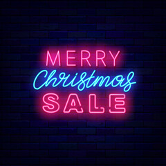 Fototapeta na wymiar Merry Christmas sale neon signboard on brick wall. Winter special offer. Light advertising. Vector stock illustration