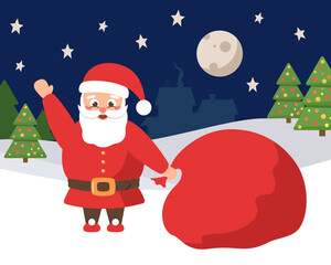 Cartoon Santa Claus with bag of gifts in night winter forest and houses, deep night with moon. Vector illustration