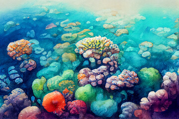 Watercolor underwater life. painted coral reef, Great Barrier reef, underwater coral . Aquatic illustration for design, print or background. Beautiful wildlife. 3D rendering