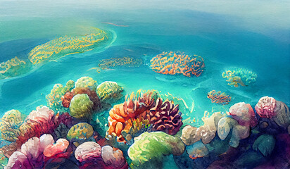 Watercolor underwater life. painted coral reef, Great Barrier reef, underwater coral . Aquatic illustration for design, print or background. Beautiful wildlife. 3D rendering
