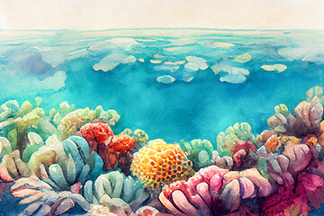Fototapeta na wymiar Watercolor underwater life. painted coral reef, Great Barrier reef, underwater coral . Aquatic illustration for design, print or background. Beautiful wildlife. 3D rendering