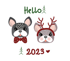 Hello 2023, happy Christmas, kawaii couple  Bulldogs New Year postcard, holiday design poster. Funny cartoon doodle illustration.