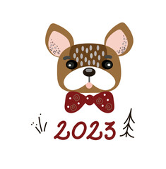 Hello 2023, happy Christmas, kawaii couple  Bulldogs New Year postcard, holiday design poster. Funny cartoon doodle illustration.