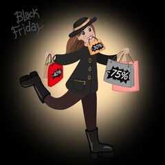 Woman with shopping bags with sales. Hand drawn  illustration of a cute girl with a lot of shopping bags, price tags and lettering Black Friday. Design for a Black Friday poster, banner.