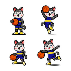 Set of happy cute husky playing basketball