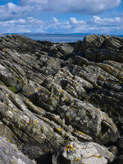 Lichen and seaweed growing on rock formations on the shoreline of Kilbrannan Sound near the B8001 by Skipness. Tarbert, Argyll and Bute. Scotland