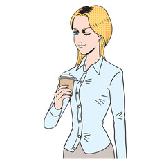 アメコミタッチのコーヒーを持つ女性